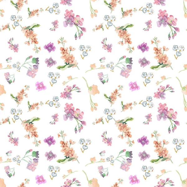 Akwarela kwiatowa ilustracja.Bezszwowy wzór różowy i fioletowy matthiola — Zdjęcie stockowe