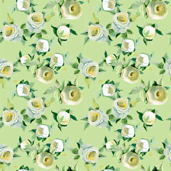 Nahtloses Muster mit Frühlingsblumen und Blättern. Handgezeichneter Hintergrund. Blumenmuster für Tapeten oder Stoff. Blume stieg. Botanische Fliesen. — Stockfoto