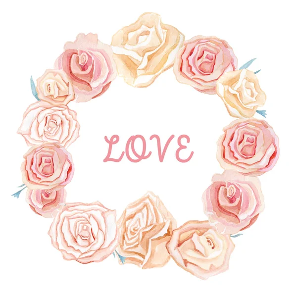 Kärlek inskription med akvarell rosa rosor för hand — Stockfoto