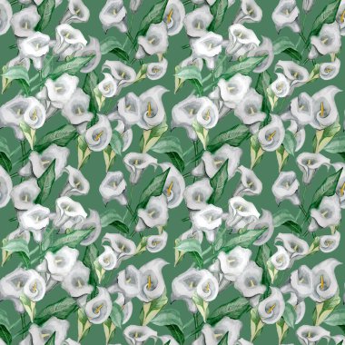 Beyaz zambaklı kusursuz desen suluboya elle çizilmiş.