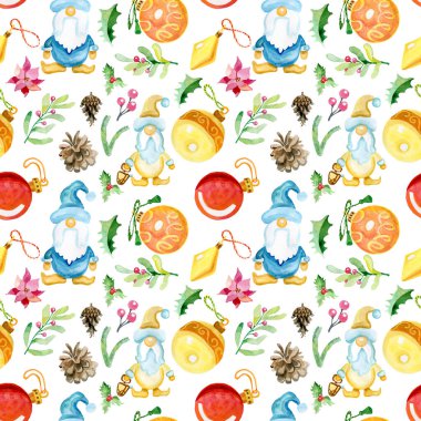 İskandinav cücelerinin, elflerin, sincapların, tomtarların kusursuz deseni. Beyaz arkaplanda suluboya çizimi.