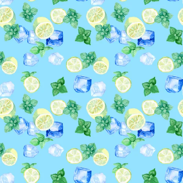 Pattern of mint and lemon. Food background with citrus. Mint leaves, lemon slices isolated on white background. Top view, flat lay. — Stock Photo, Image