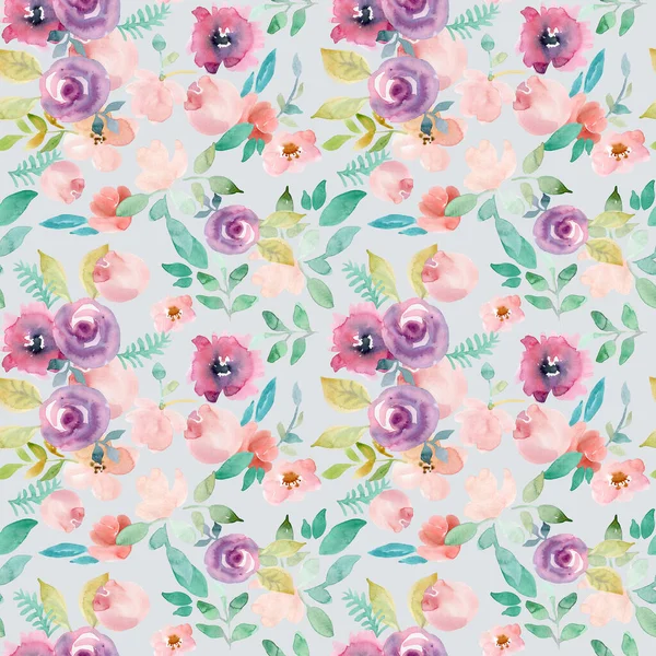 Floral pattern made of pink and beige roses, green leaves, branches on white background. Flat lay, top view. Valentines background. Floral pattern. Pattern of flowers. Flowers pattern texture — Stock Photo, Image