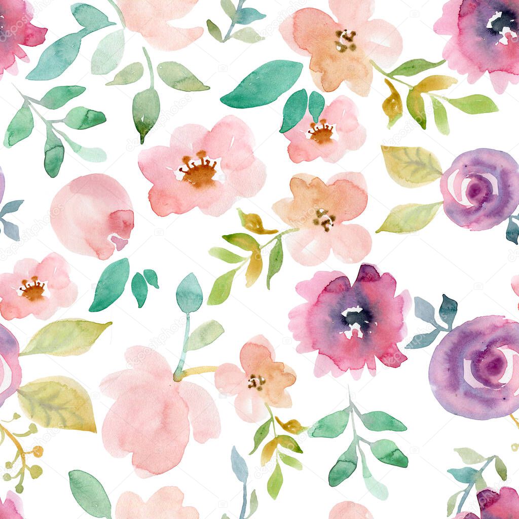 Floral pattern made of pink and beige roses, green leaves, branches on white background. Flat lay, top view. Valentines background. Floral pattern. Pattern of flowers. Flowers pattern texture