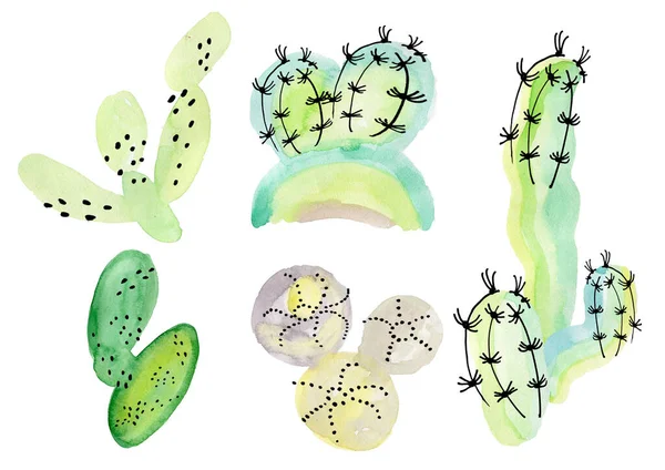 Cactus acuarela y marcador abstracto conjunto dibujado por las manos — Foto de Stock