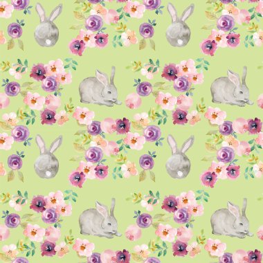 Tavşanlı desenler elle çizilmiş suluboya pastel renkler çiçek açıyor bahar