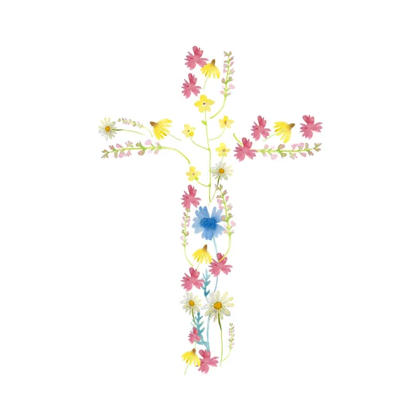 Osterkreuz aus Aquarellblumen isoliert auf weißem Hintergrund — Stockfoto