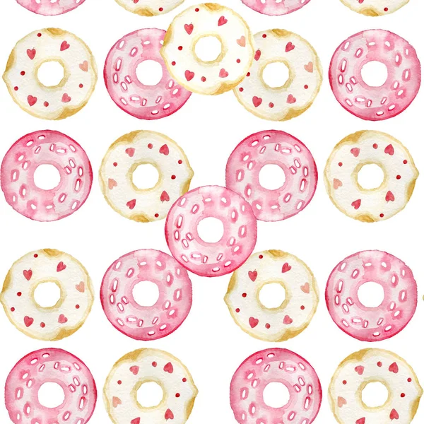 柄お菓子ピンク色の水彩ドーナツカップケーキストロベリーメレンゲ — ストック写真