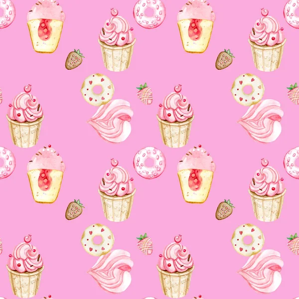 Patrón dulces color rosa acuarela donut, magdalena, fresa, merengue —  Fotos de Stock