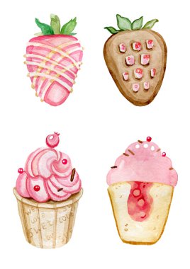 Kekler ve çilekler çikolatalı suluboya izole edilmiş.