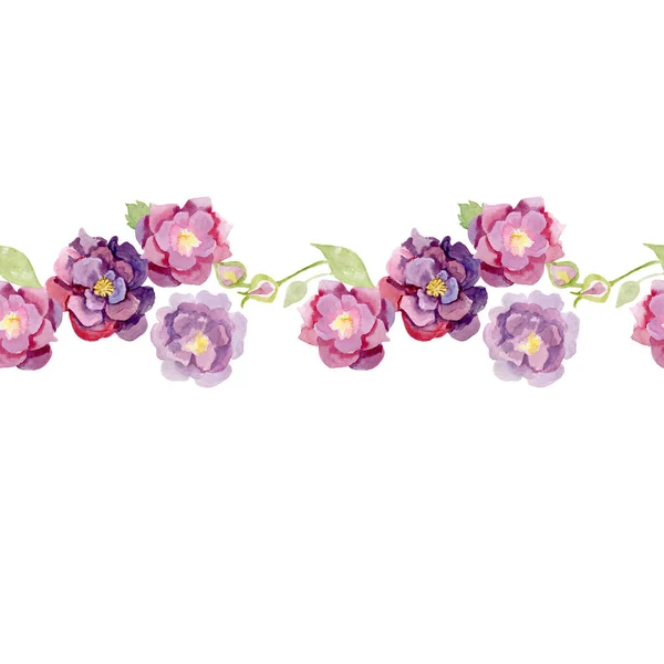 Północy róża akwarela strony rysowane kwiatowy fryz — Zdjęcie stockowe