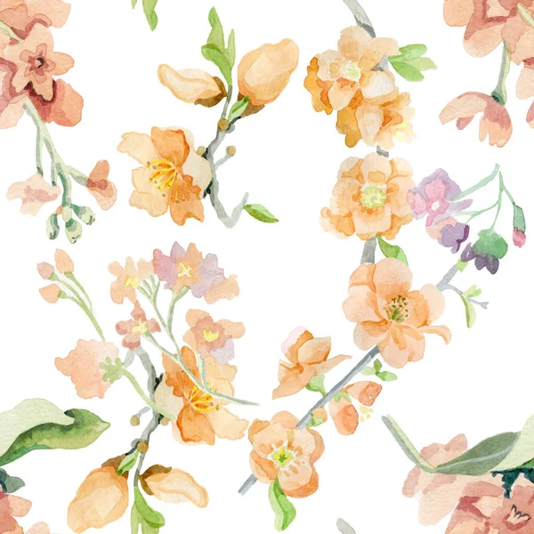 Beautiful peach flowers watercolor seamless pattern background —  Fotos de Stock