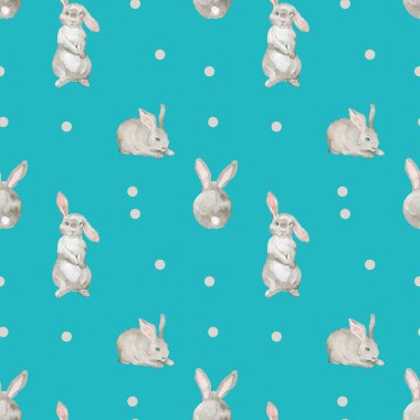 Beyaz arka planda izole edilmiş, suluboya tavşanlarla kusursuz bir desen.