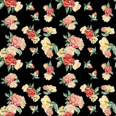 Klasik çiçekler. Şakayıklar, laleler, zambak, siyah üzerine ortanca. Çiçek arkaplan. Barok tarzı çiçeksel illüstrasyon.