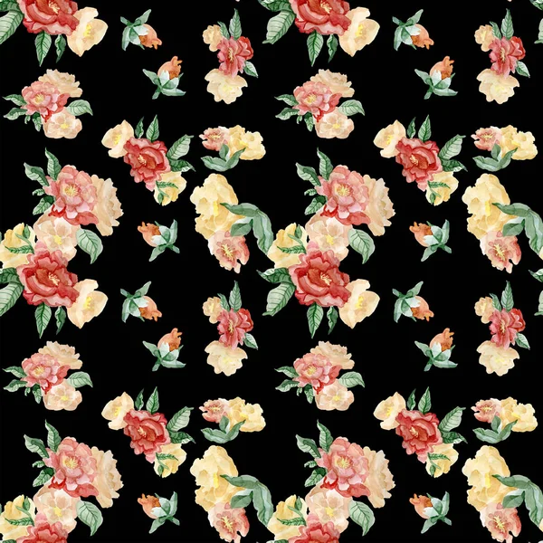 Jahrgangsblumen. Pfingstrosen, Tulpen, Lilien, Hortensien auf schwarz. Floraler Hintergrund. Floristische Illustration im barocken Stil. — Stockfoto