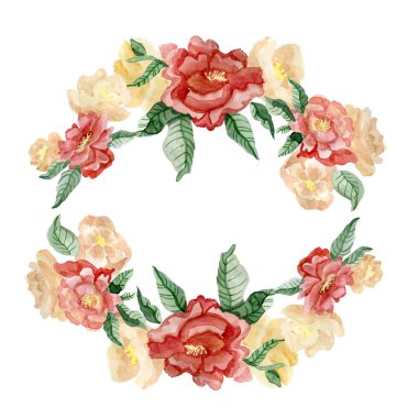 Klasik kart, suluboya düğün davetiyesi tasarımı kırmızı güller, tomurcuk ve yapraklar. Çiçek, çiçek elementleri, metin için arka plan, suluboya arka plan. Şablon. kare