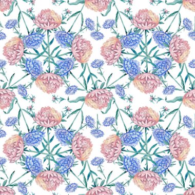 Çiçek açan çiçek ve bahçe çiçekleri olan klasik çiçek desenli, suluboya beyaz üzerine botanik doğal ortanca çizimi.