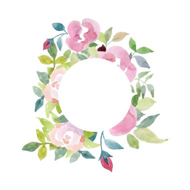 Suluboya çizimi. Beyaz arka planda pembe çiçekli yuvarlak çerçeve, yazı için boşluk. Şirin, parlak çelenk, poster. Tebrik kartları ve mesajları süslemek için.