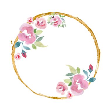 yuvarlak çerçeveli suluboya çiçekler ve altın