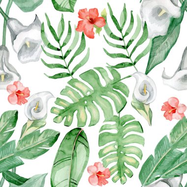 Beyaz bir zemin üzerinde tropikal egzotik desenler, canavar yaprakları ve muz dalları olan palmiye çiçekleri.