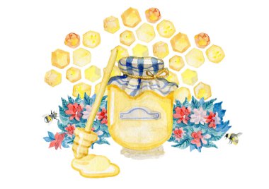 Suluboya el taze bal çizdi. Beyaz arka planda izole edilmiş organik doğal ekolojik illüstrasyon