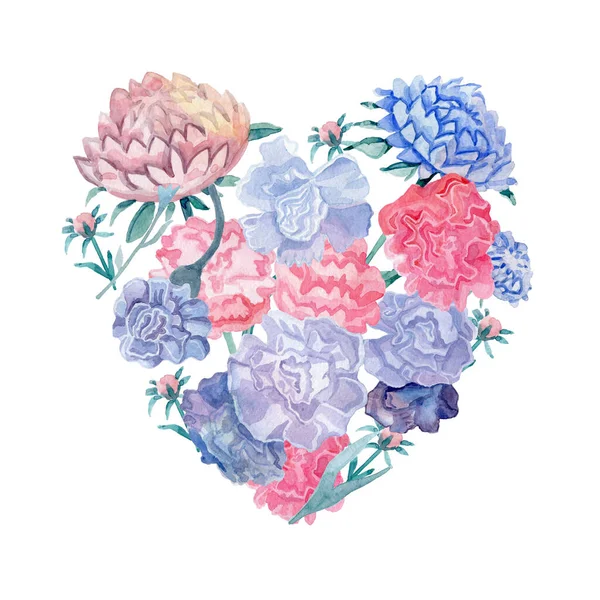 Kreativ layout med färgglada blommor, blad och hjärtform. Jubileumskoncept.. — Stockfoto