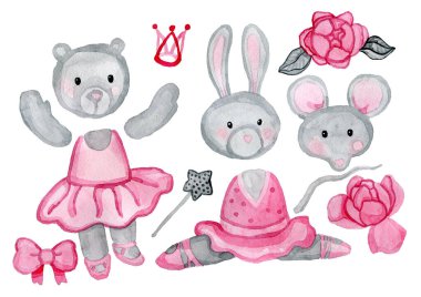 Bir kız için tatlı suluboya seti. Baskı, web, tekstil tasarımı, tebrik albümü, hatıra eşyaları ve diğer yaratıcı fikirler için mükemmel..