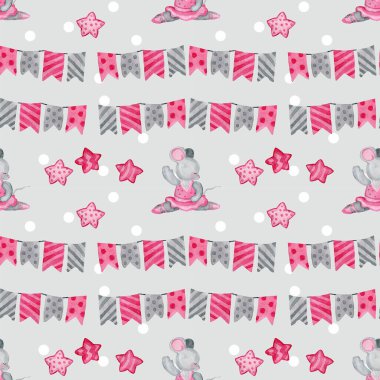 Şirin çizgi film faresi ve yıldızlarıyla sulu boya deseni.