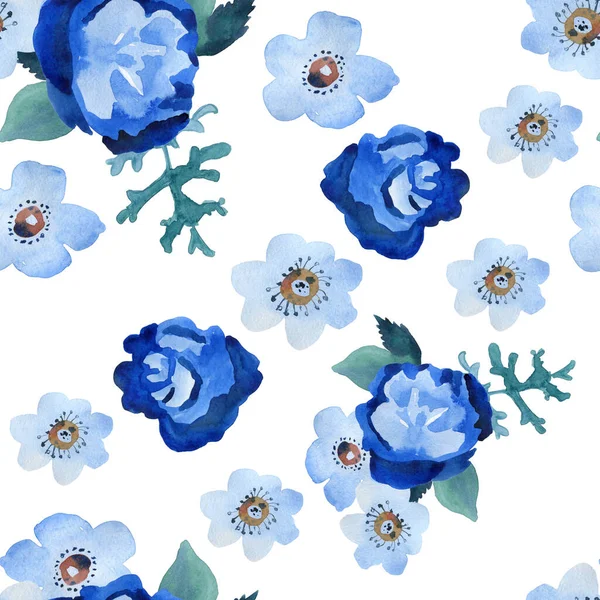 Сині квіти на білому тлі акварельний візерунок — стокове фото