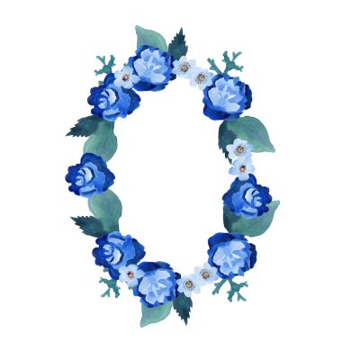Mavi çiçeklerden suluboya çerçeveler ve düğün davetiyeleri ve harfleri için yapraklar