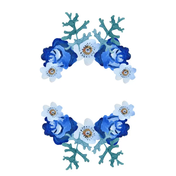 Akwarela dekoracyjne ramy niebieskich kwiatów i liści na zaproszenia ślubne i napisy — Zdjęcie stockowe