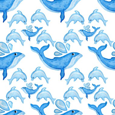 Yunuslar ve balinalar suluboya mavi renk beyaz arka plan pürüzsüz desen