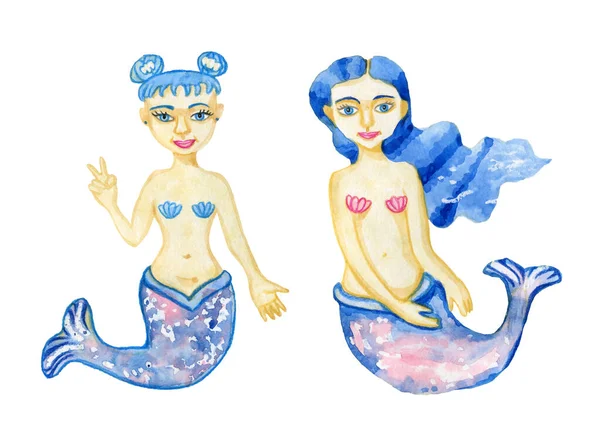 Sereia aquarela à mão crianças desenhos de personagens fabulosos — Fotografia de Stock