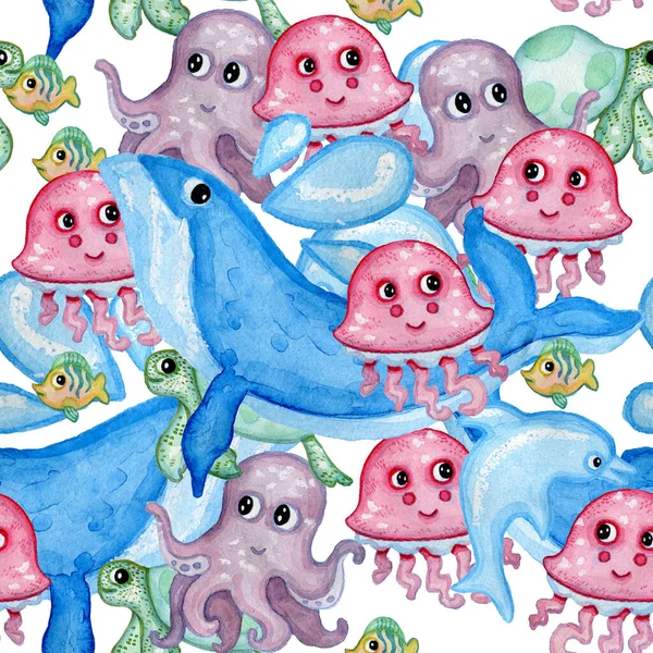 Кит, медуза, осьминог, рыба акварель вручную бесшовные картины подводной жизни — стоковое фото