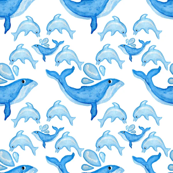 Yunuslar ve balinalar suluboya mavi renk beyaz arka plan pürüzsüz desen — Stok fotoğraf