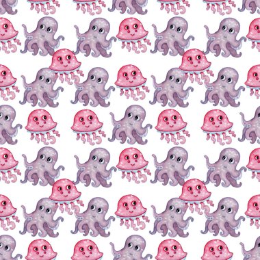 Kusursuz desenli duvar kağıdı ambalaj kağıdı mor, pembe denizanası ve ahtapot.