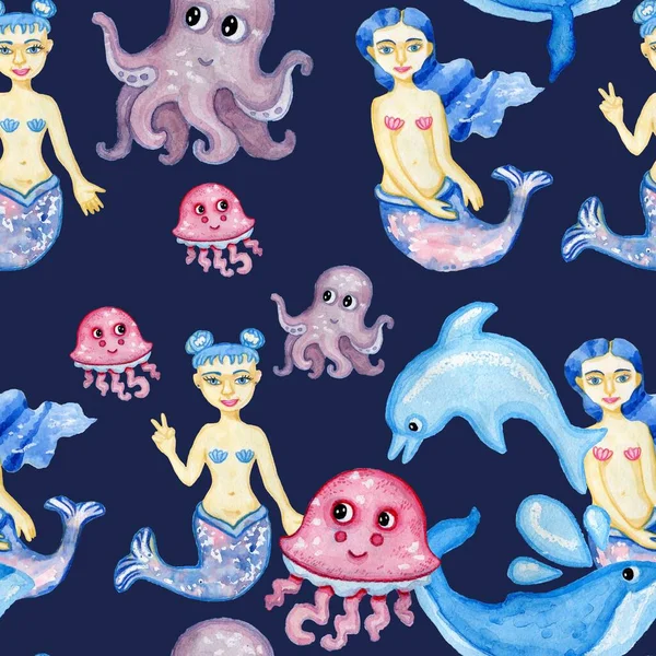 Темно-синій фон, русалки, дельфіни, медузи безшовний морський візерунок — стокове фото