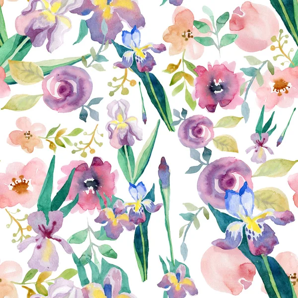 Iris, rosas acuarela dibujado a mano flores romántico verano moderno patrón sin costuras —  Fotos de Stock