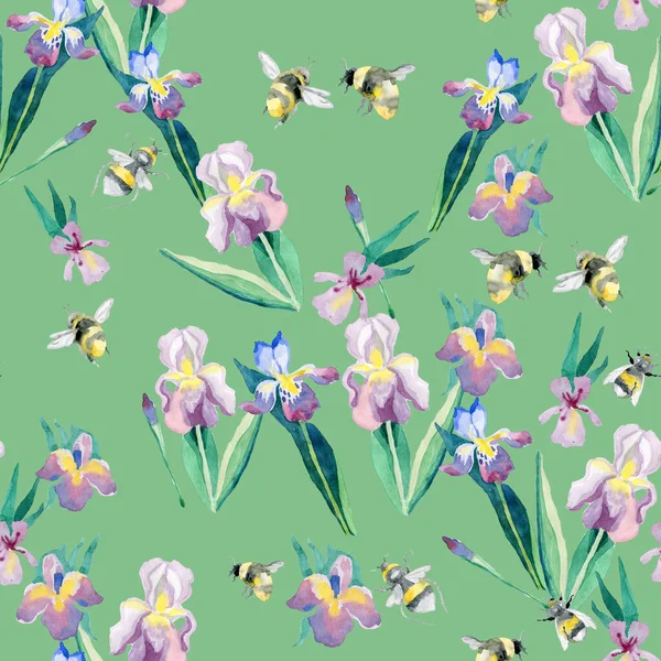 Іриси квітів і бджіл на зеленому тлі безшовний візерунок для тканини романтичного літнього ретро. — стокове фото