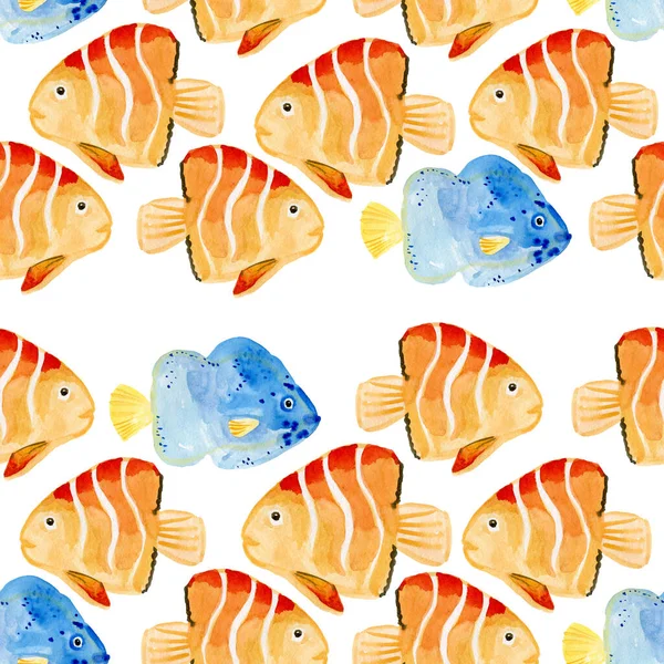 Orange und blaue Fische auf weißem Digitalpapier, nahtloses Stoffmuster — Stockfoto