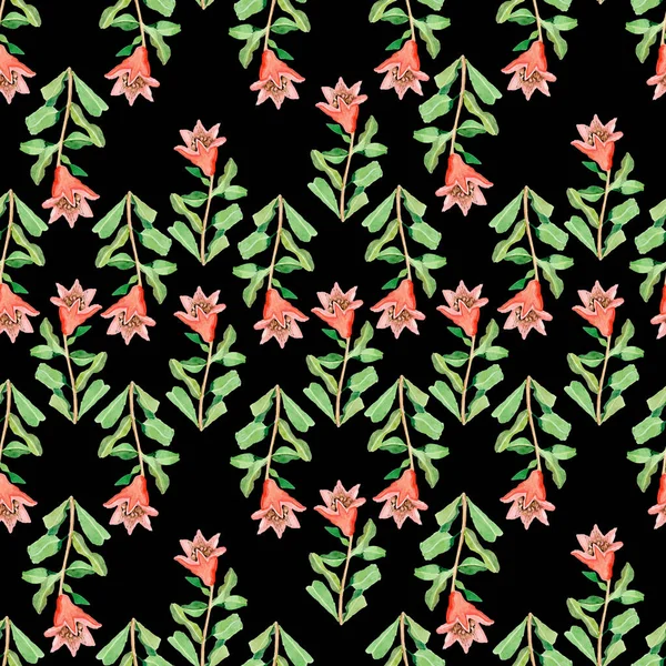 Nahtloses Muster schwarzer Hintergrund rote Blüten grüne Blätter — Stockfoto