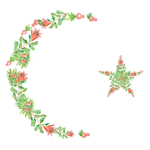 Muslim crescent with a star of flowers and berries of the pomegranate tree — 图库照片