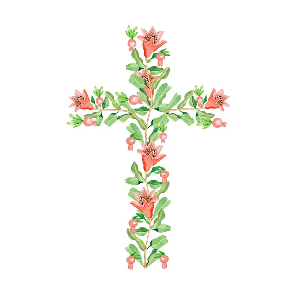Croix de fleurs rouges et baies à l'aquarelle à la main — Photo