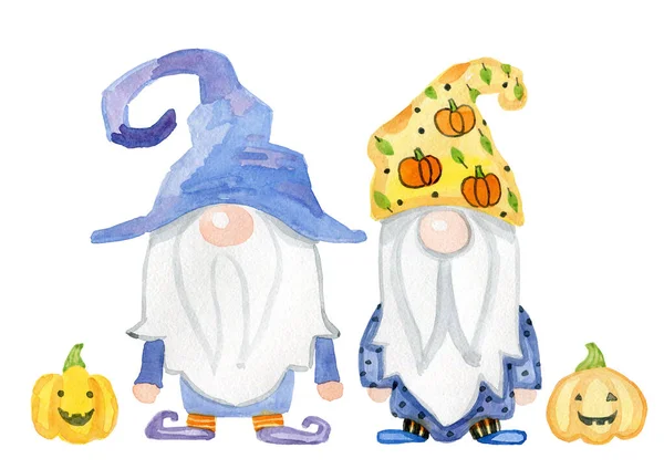 Halloween-Wichtel, Kürbis, Bonbons. Aquarell von Hand gezeichnet — Stockfoto