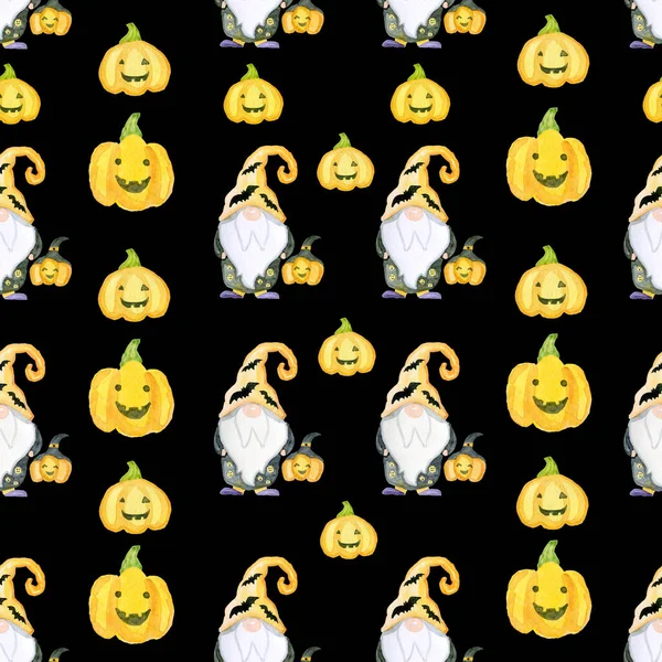 Seamless Halloween pattern with cute gnomes, pumpkins, magic cauldrons — Stock Photo, Image