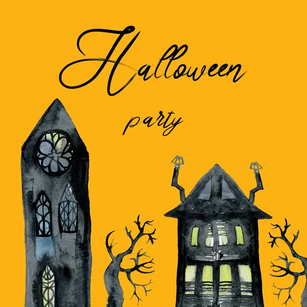 Halloween Square Καρτ ποστάλ Υδατογραφία χέρι τρομακτικό δέντρα και ανατριχιαστικά σπίτια — Φωτογραφία Αρχείου