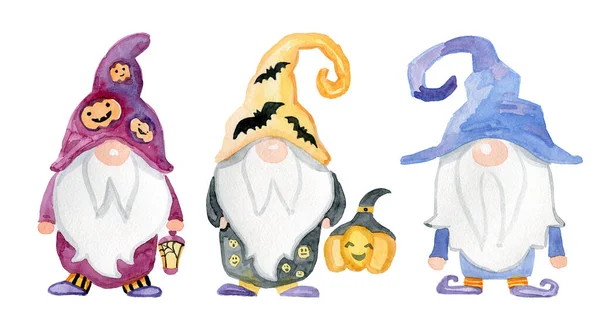 Halloween banner for social networks cute watercolor gnomes with pumpkins — Stock Photo, Image