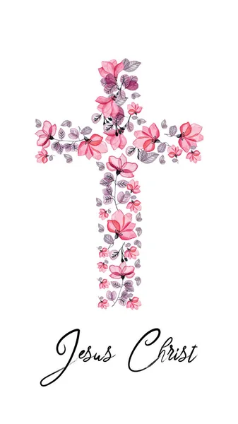 พระคริสต์ข้ามดอกไม้สีชมพูที่มีการจารึกพระเยซูคริสต์ แบนเนอร์แนวตั้งสําหรับเครือข่ายสังคม — ภาพถ่ายสต็อก