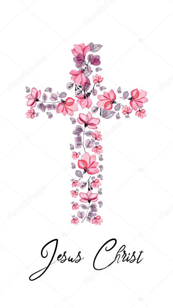 Christs cross of pink flowers with the inscription Jesus Christ vertical banner for social networks