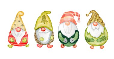 Tatlı suluboya koni şekilli peri masalı Noel için izole edilmiş cüceler karakterleri.
